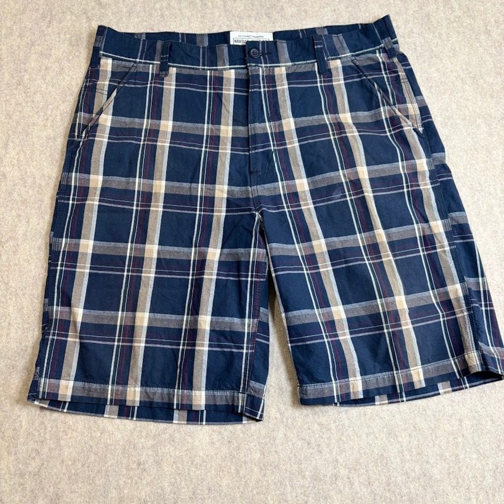 Nautica Jeans Co. Shorts 40 Blue Cotton Plaid Flat Front Classic Preppy Coastal